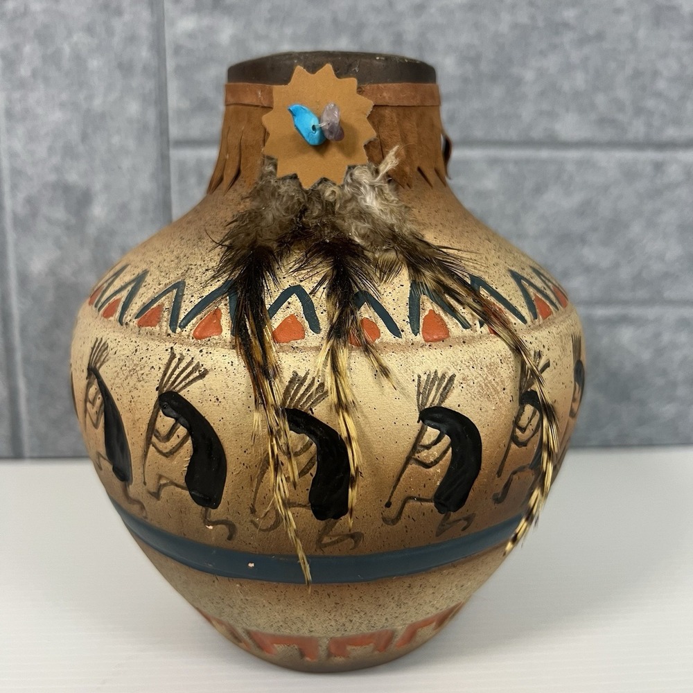 Kokopelli Native American Clay Pottery Vase Southwest Style 7" Tall Leather Trim